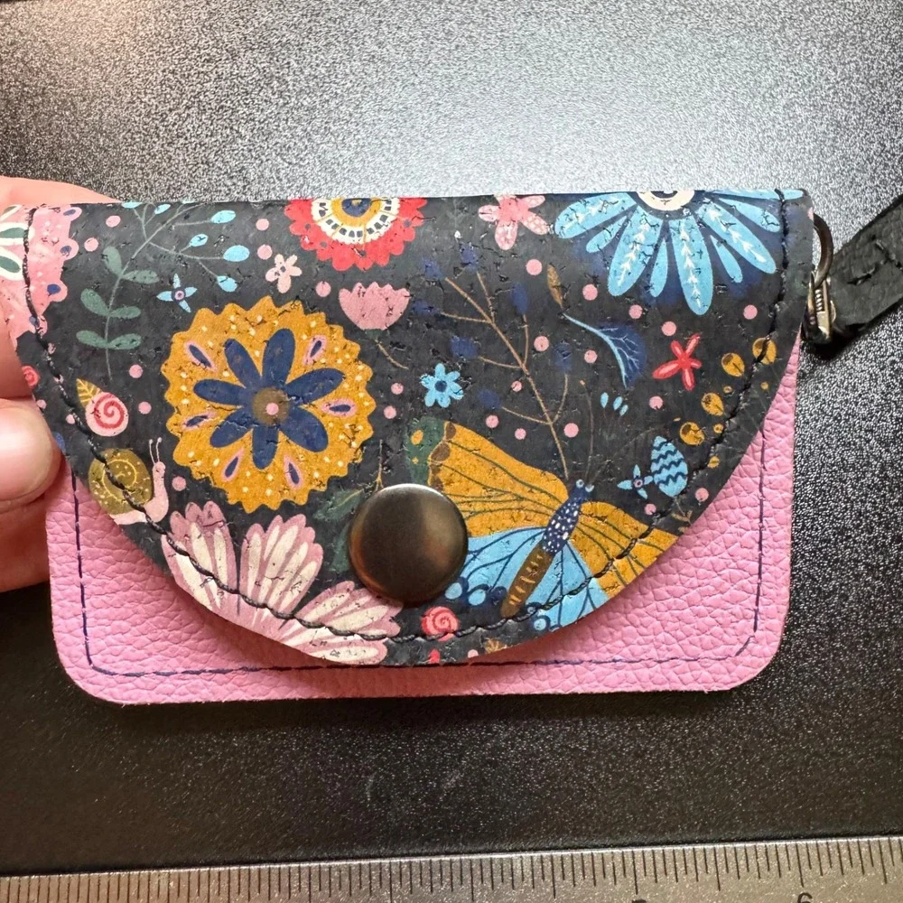 Cork Card Wallet Womens Floral Butterfly Pink Wristlet Coin Purse Holder